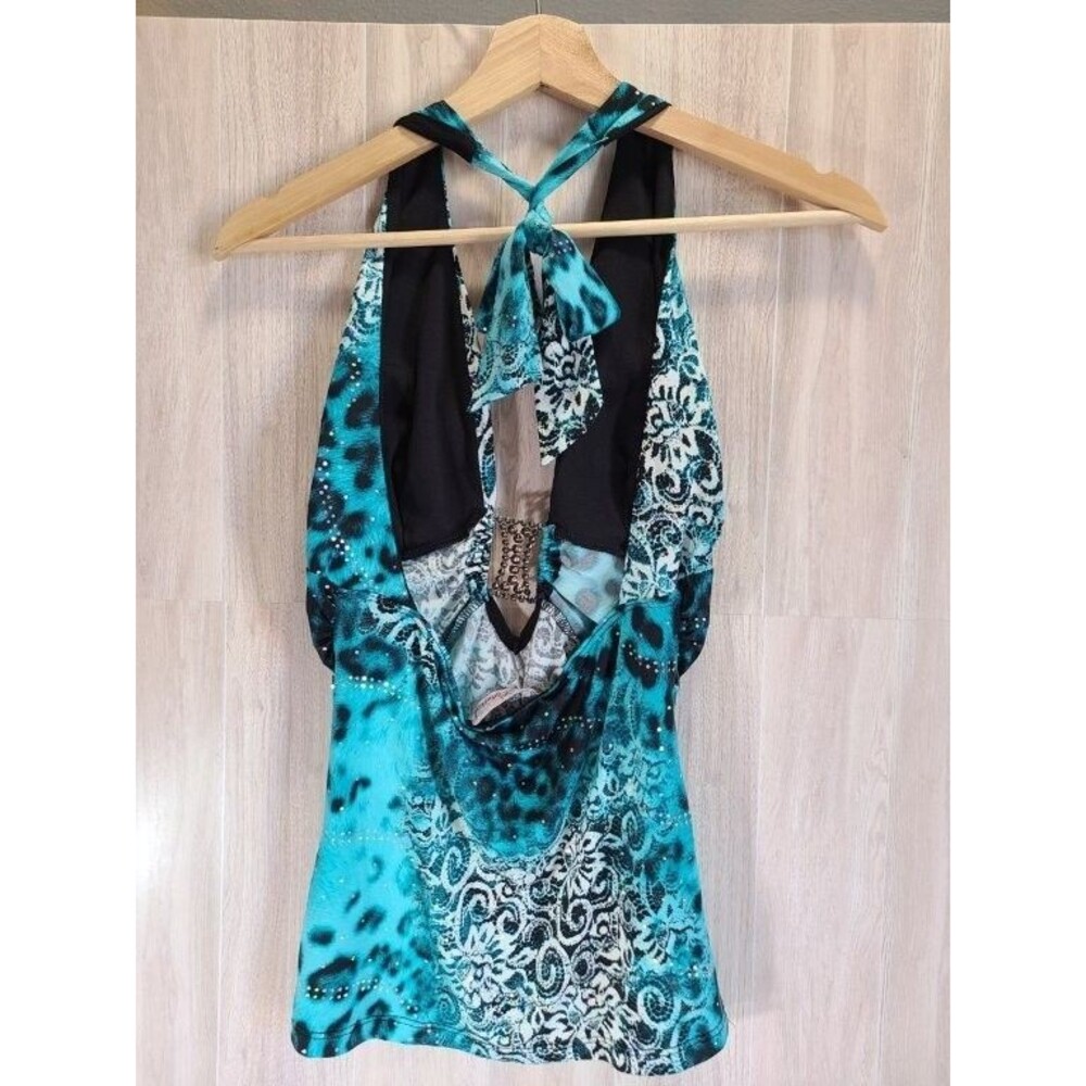 Lipstick Teal Halter Top Womens M Animal Print Rhinestone Sleeveless Blouse - Picture 2 of 8